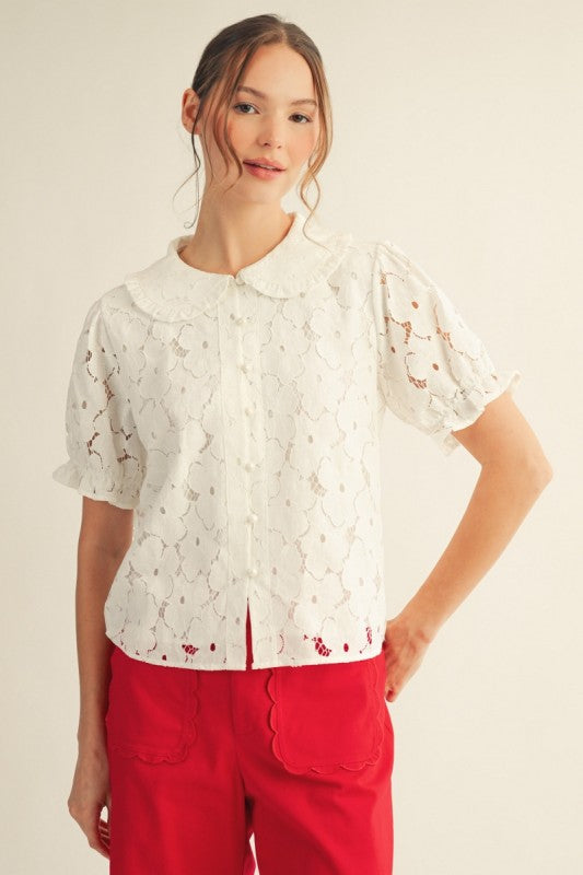 Lace Peter Pan Collar Button Down Top-White
