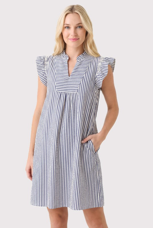 Striped Frill Split Neck Ruffle Sleeve Dress-Navy