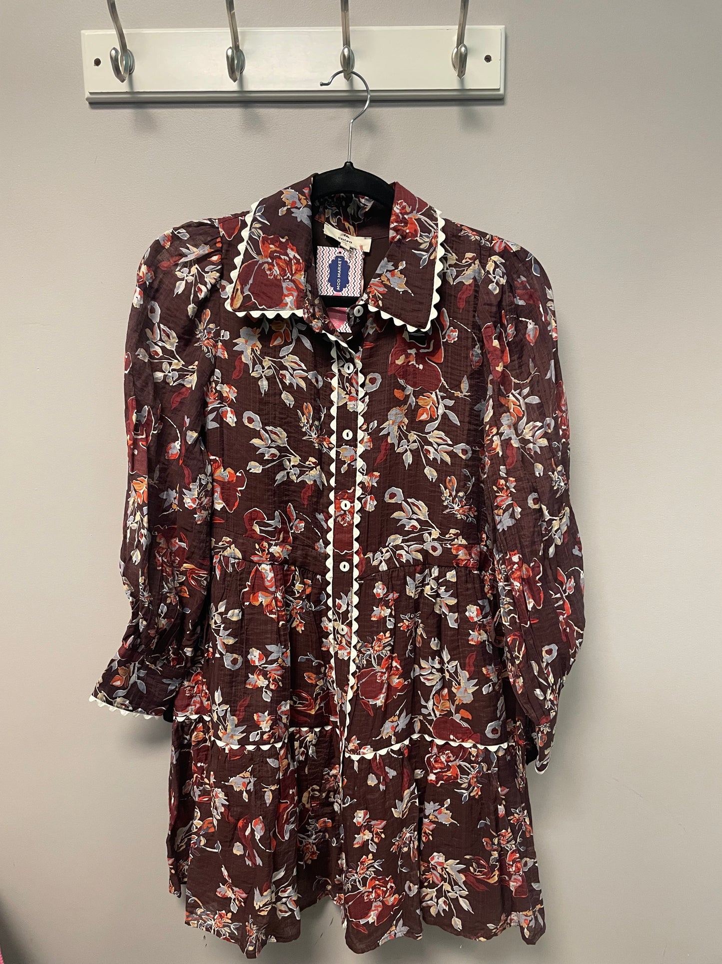 Floral Long Sleeve Collared Button Down Rick Rack Detail Dress