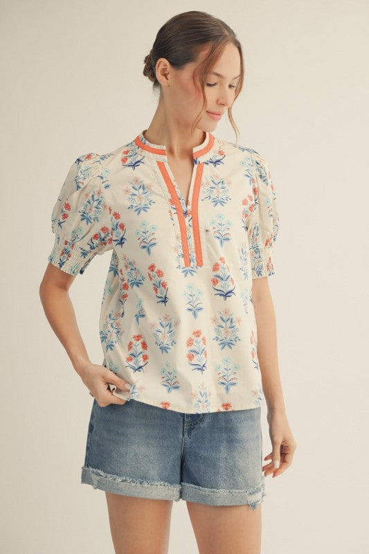 Floral Smocked Cuff Contrast V-Neck Top