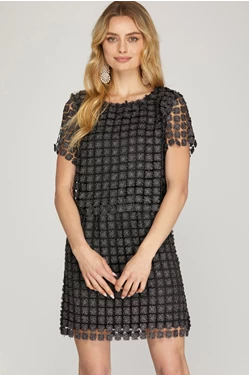 Short Sleeve Lurex Crochet Lace Top- Black