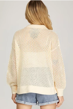 Collared Fish-Net Button Down Pocket Sweater