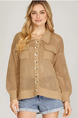 Collared Fish-Net Button Down Pocket Sweater