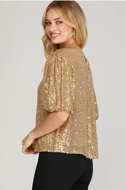 Half Puff Sleeve Sequin Top - Gold