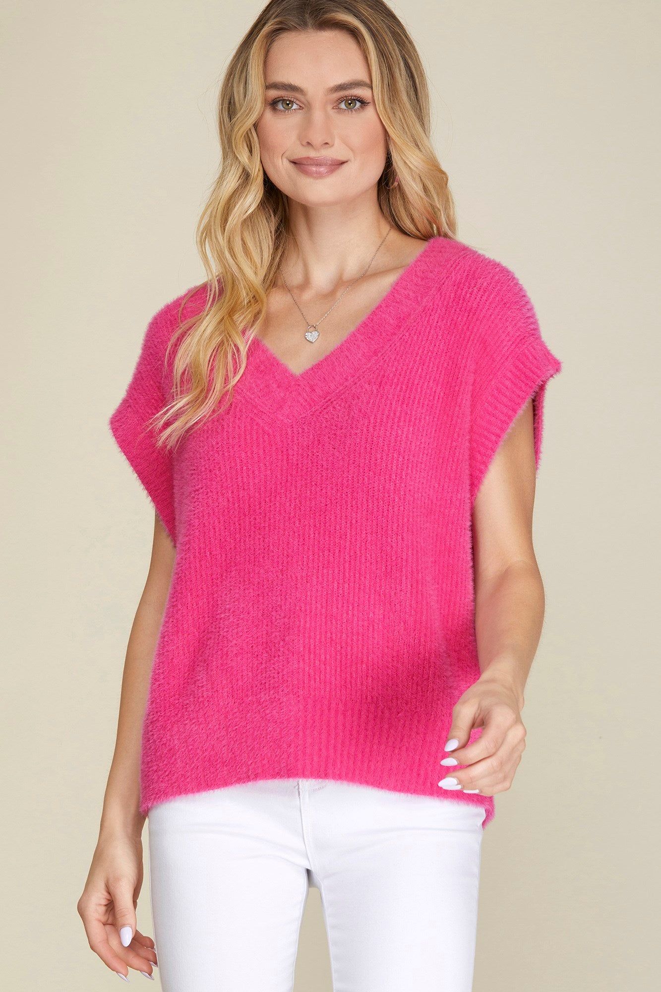 Solid Short Sleeve Ribbed V-Neck Fuzzy Sweater