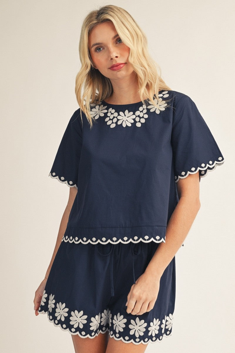Scallop Edge Floral Embroidered Button Back Top-Navy