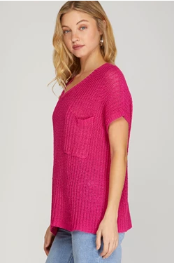 Short Sleeve Solid V-Neck Sweater W/ Pocket