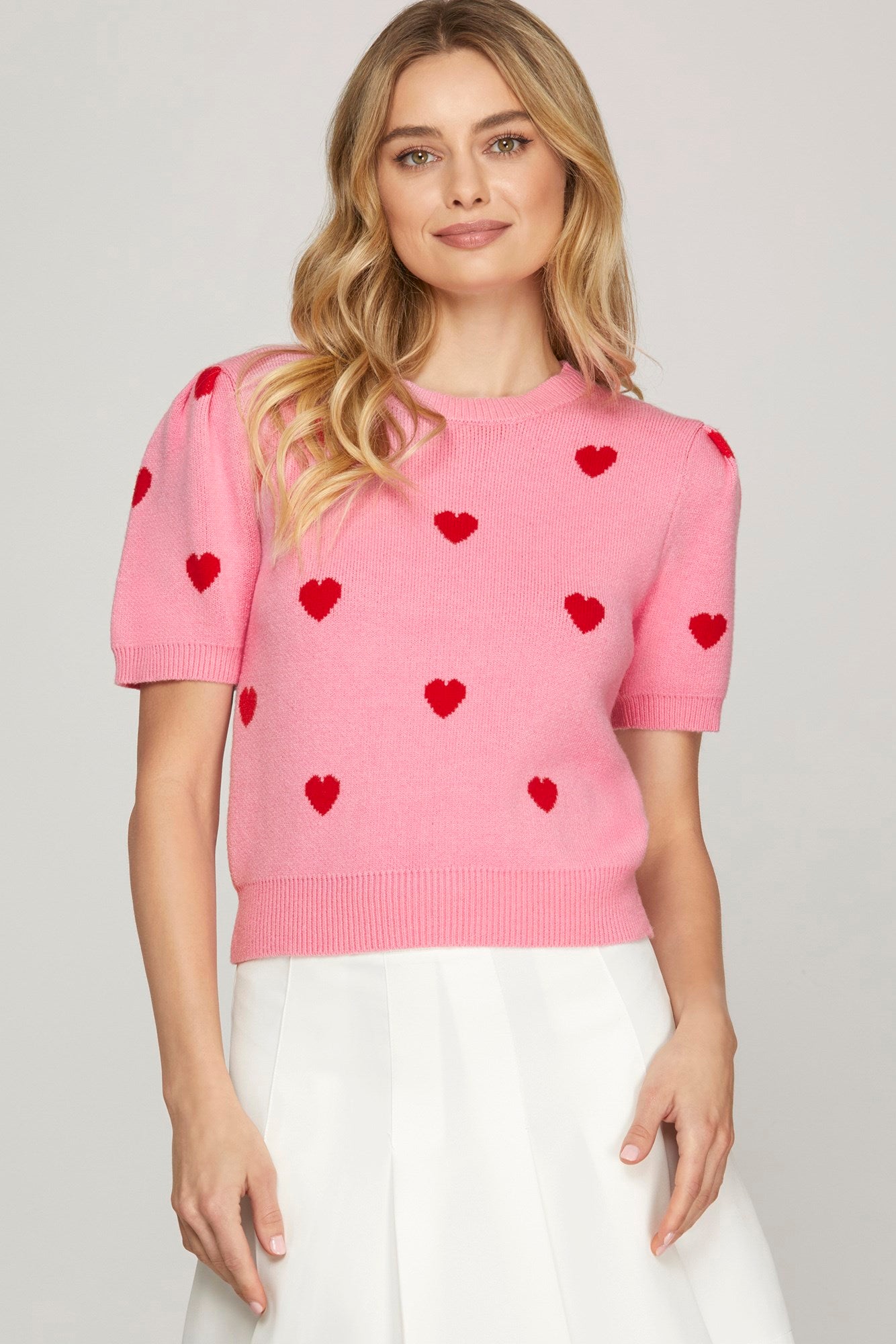 Short Puff Sleeve Heart Pattern Sweater