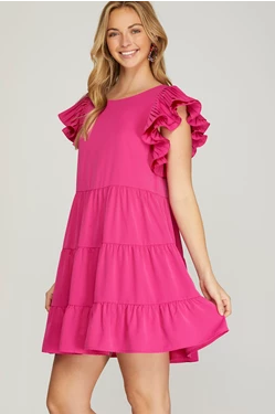 Solid Pleated Ruffle Sleeve Tiered Dress - Hot Pink