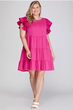 Solid Pleated Ruffle Sleeve Tiered Dress - Hot Pink