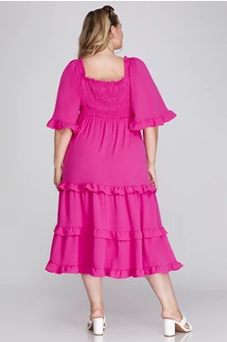 Bell Sleeve Square Neck Smocked Tiered Midi Dress - Hot Pink