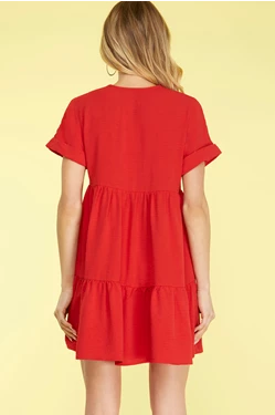 Solid V-Neck Drop Shoulder Tiered Dress