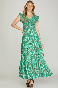 Floral Flutter Sleeve Smocked V-Neck Maxi Dress - Jade