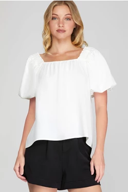 Solid Puff Sleeve Square Neck Top