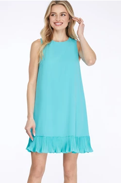 Solid Sleeveless Pleated Hem Dress - Aqua