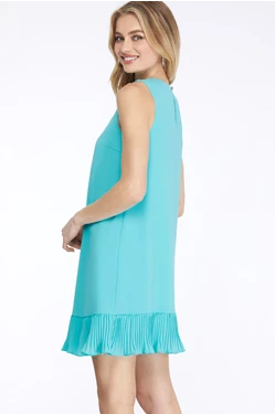 Solid Sleeveless Pleated Hem Dress - Aqua