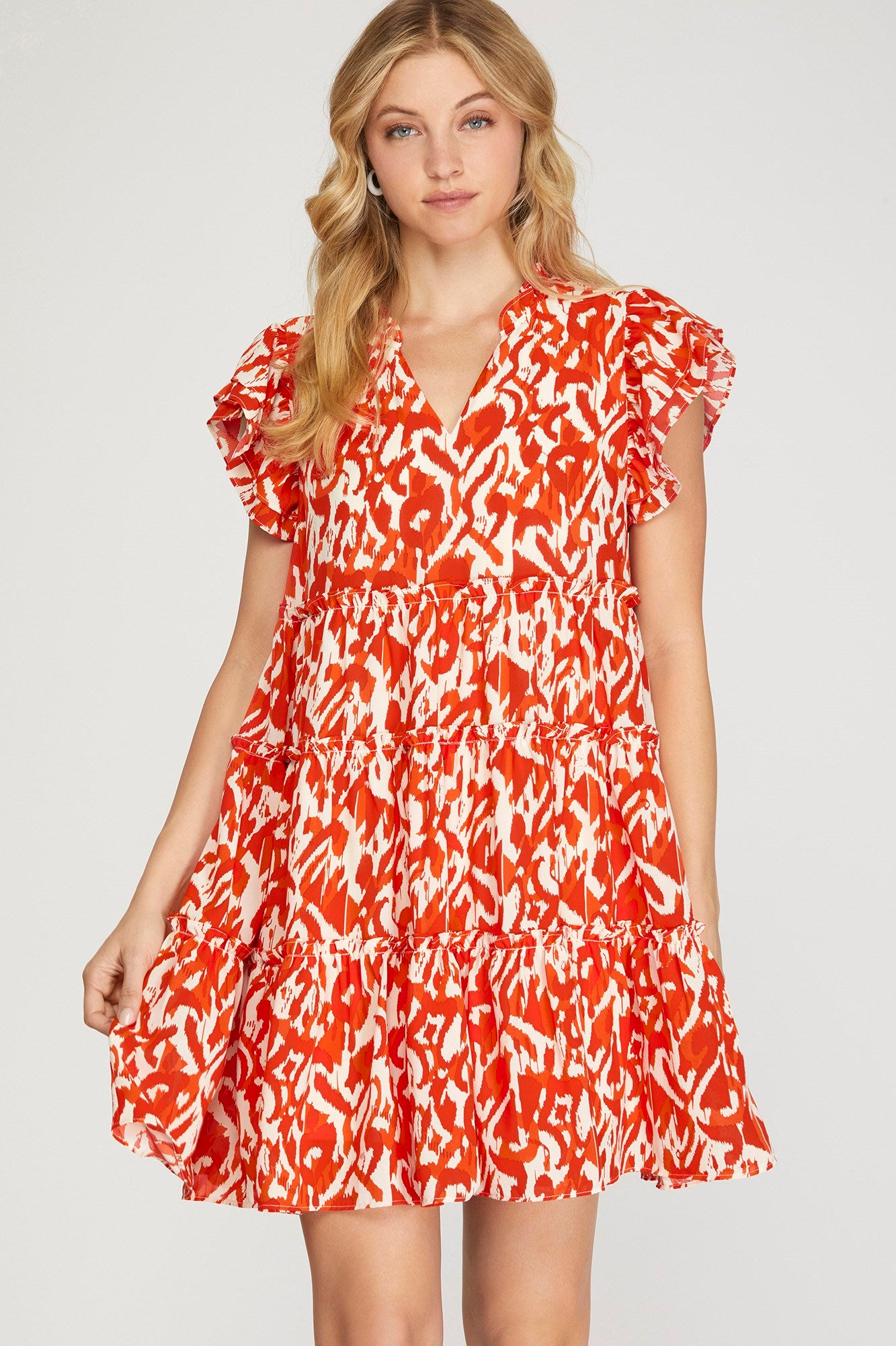 Geo Print V-Neck Tiered Ruffle Sleeve Dress - Red