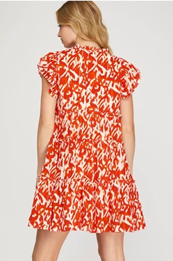 Geo Print V-Neck Tiered Ruffle Sleeve Dress - Red