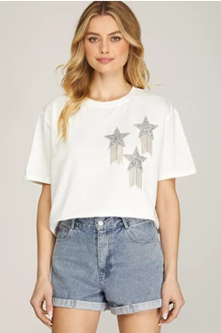 Solid Rhinestone Studded Star Fringe Top - White