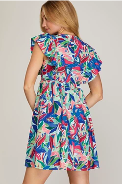 Tropical Print V-Neck Ruffle Sleeve Dress - Blue