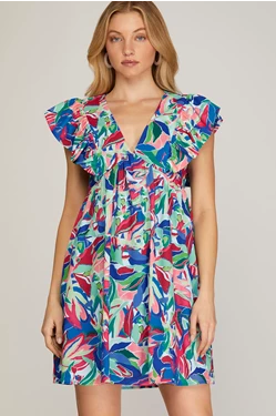 Tropical Print V-Neck Ruffle Sleeve Dress - Blue