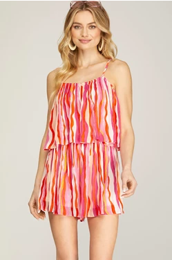 Thin Strap Wavy Print Overlay Romper