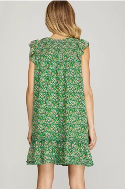 Mini Floral Butterfly Sleeve Smocked Dress - Green