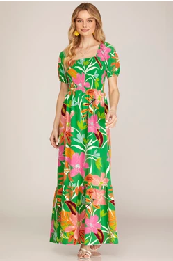Floral Puff Sleeve Smocked Maxi Dress - Green