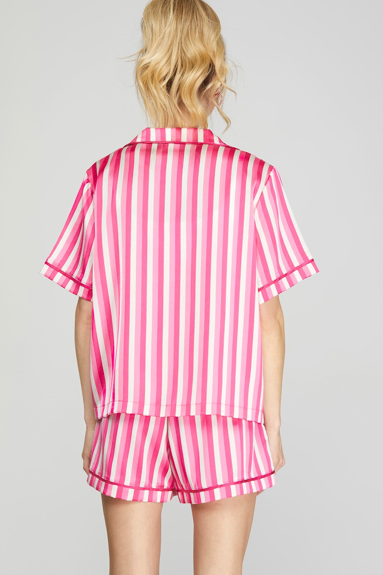 Satin Stripe Short Sleeve Top And Shorts Pajama Set