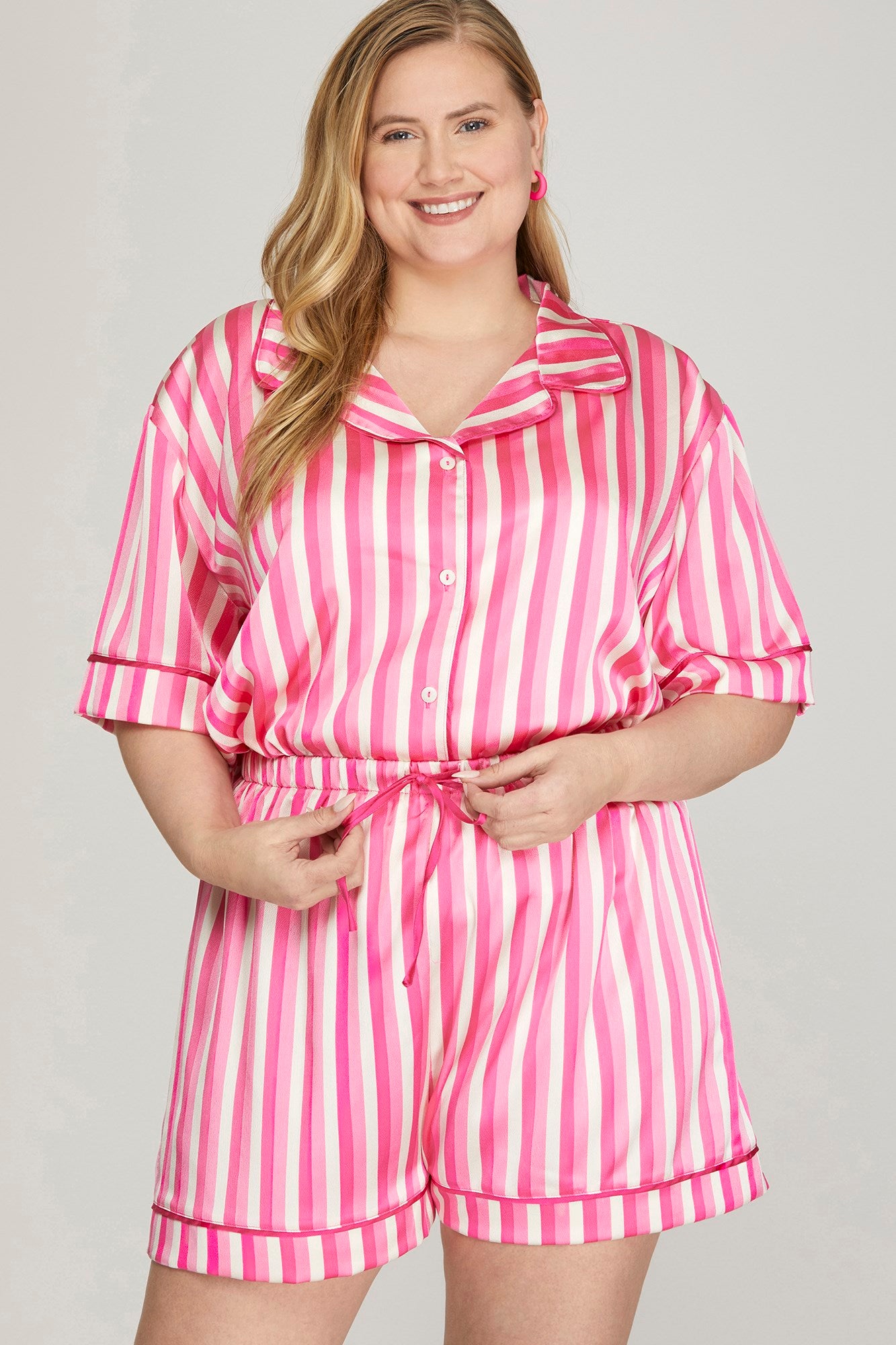 Satin Stripe Short Sleeve Top And Shorts Pajama Set