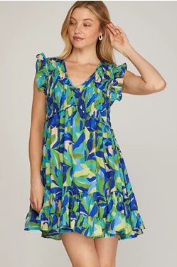 Leaf Print V-Neck Smocked Ruffle Sleeve Dress-Blue