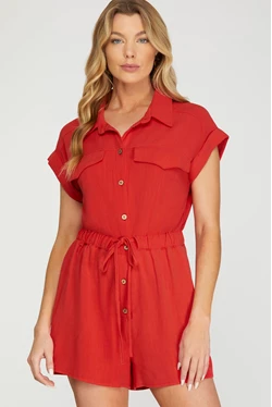 Solid Collared Button Up Tie Waist Romper