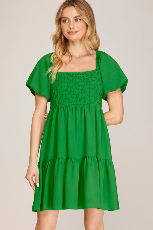 Solid Textured Top Square Neck Bubble Sleeve Tiered Dress - Green