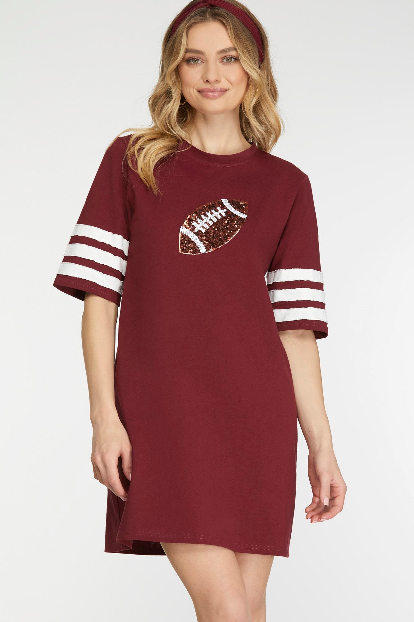 Solid Football Sequin Striped Sleeve Dress