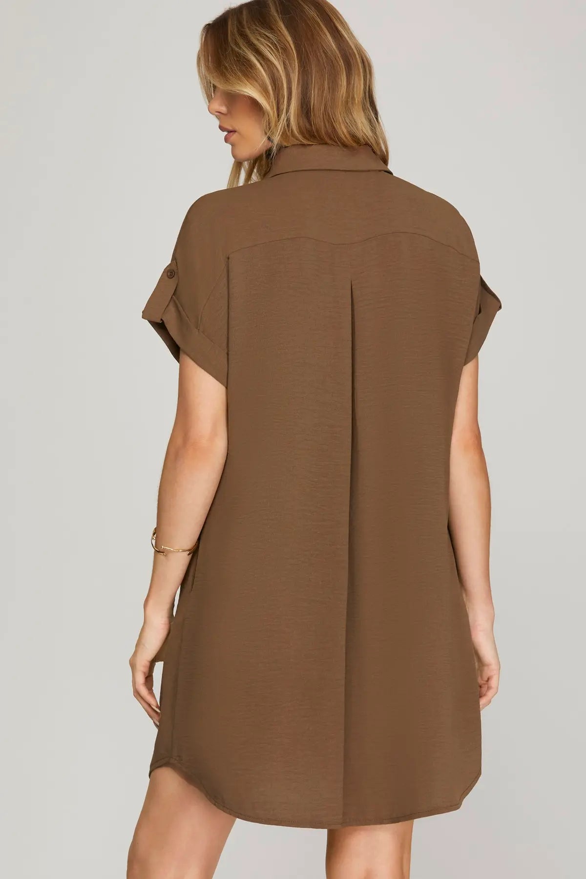 Solid Double Button Up Pocket Shirt Dress-Fall