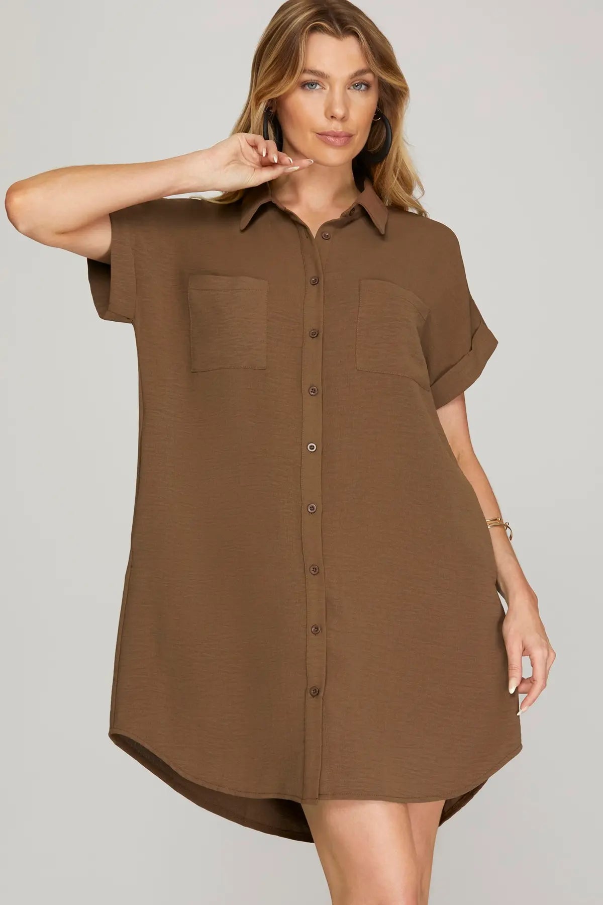 Solid Double Button Up Pocket Shirt Dress-Fall
