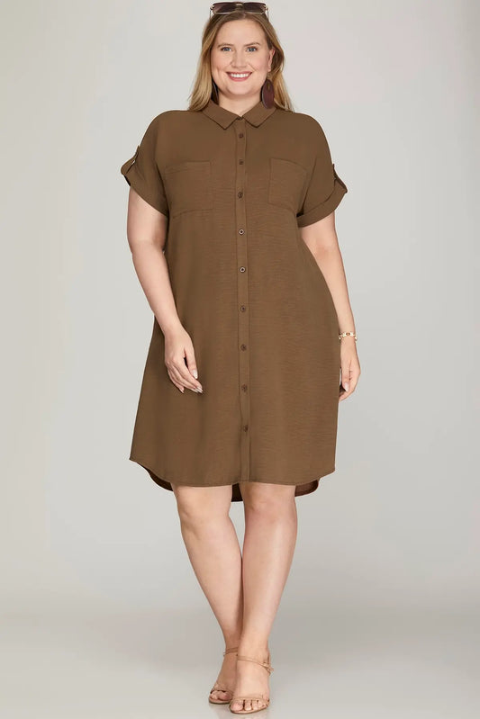 Solid Double Button Up Pocket Shirt Dress-Fall