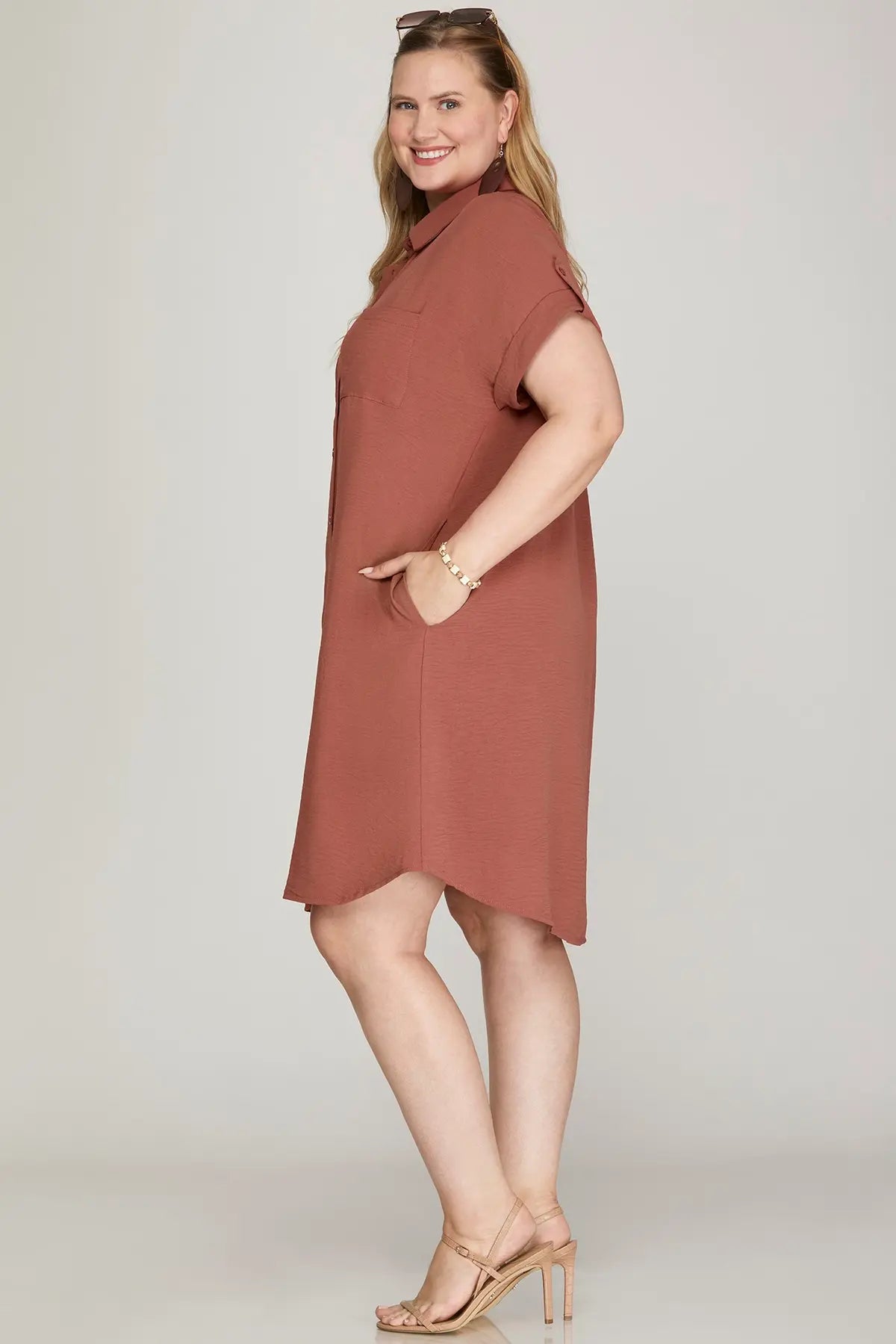 Solid Double Button Up Pocket Shirt Dress-Fall