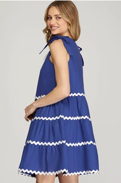 Solid Tie Shoulder Ric Rac Tiered Trim Dress - Royal