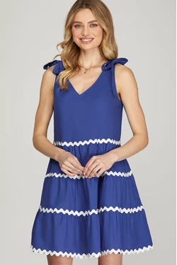 Solid Tie Shoulder Ric Rac Tiered Trim Dress - Royal