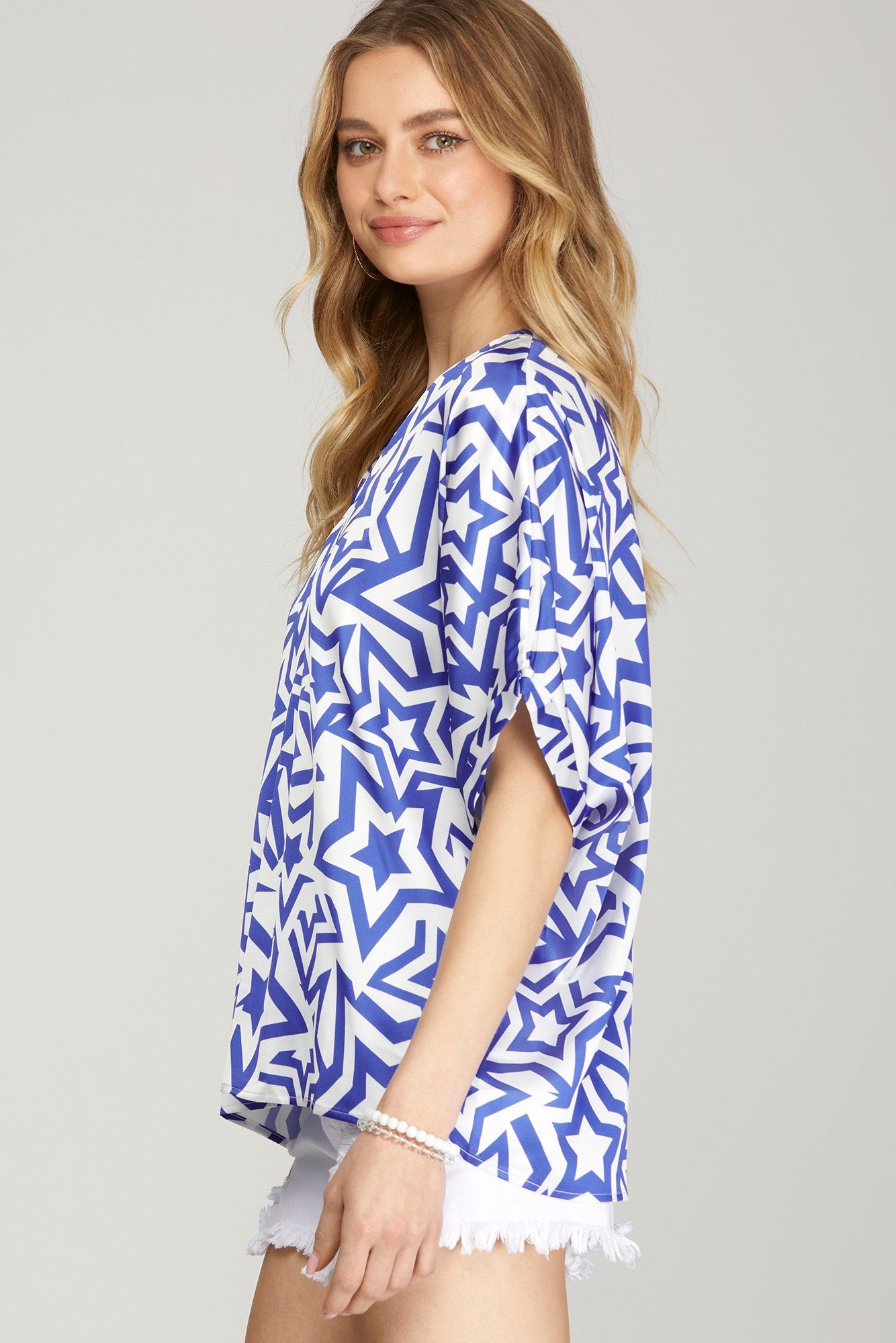 Star Print V-Neck Woven Top - Royal