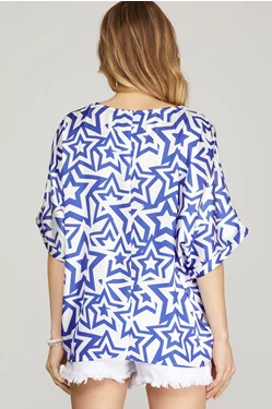 Star Print V-Neck Woven Top - Royal