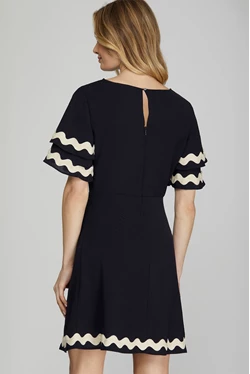 Solid Double Ruffle Ric Rac Trim Dress - Navy