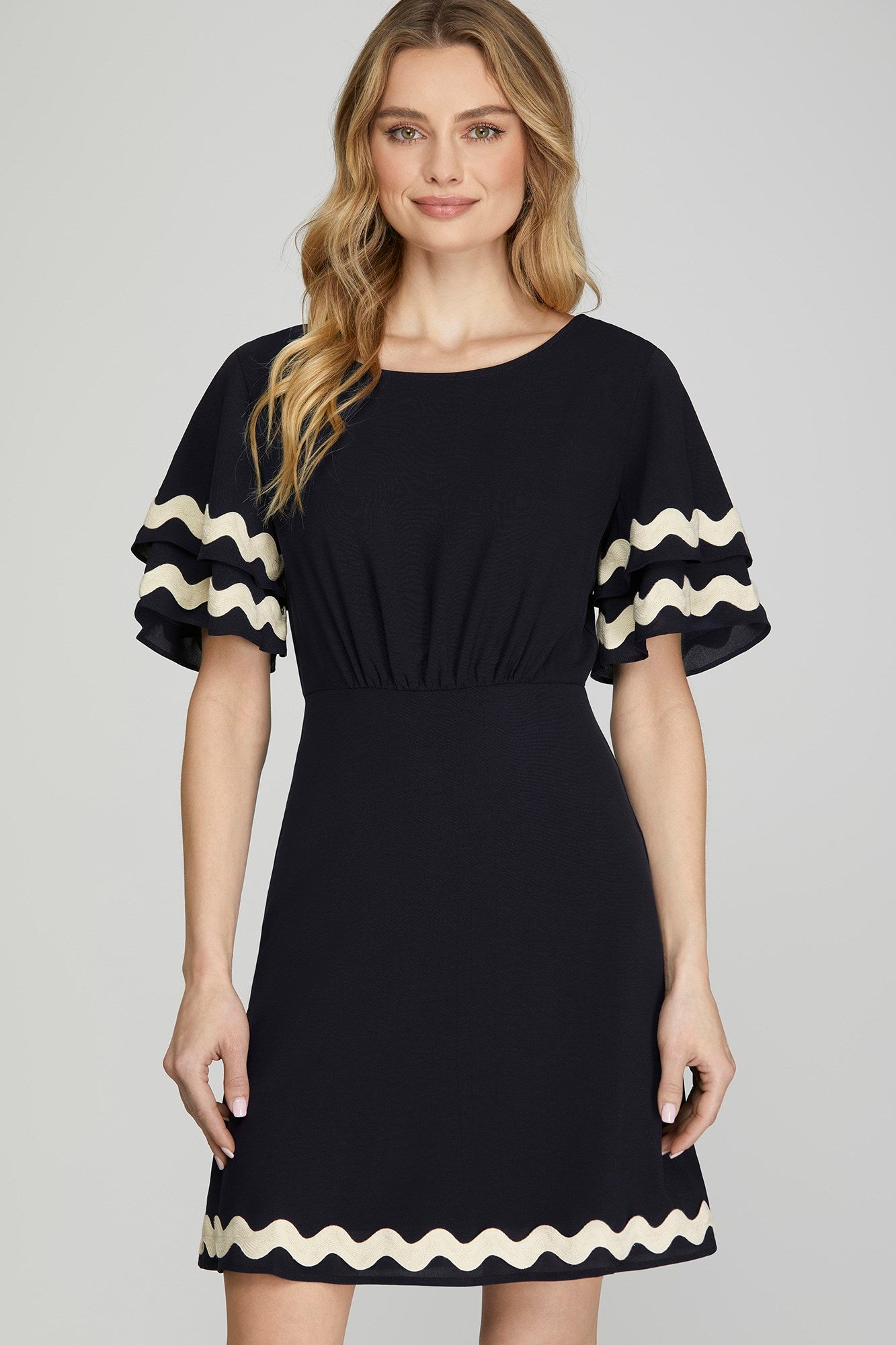 Solid Double Ruffle Ric Rac Trim Dress - Navy