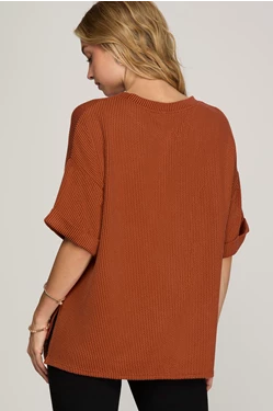 Half Cuffed Sleeve Textured Knit Top-Rust