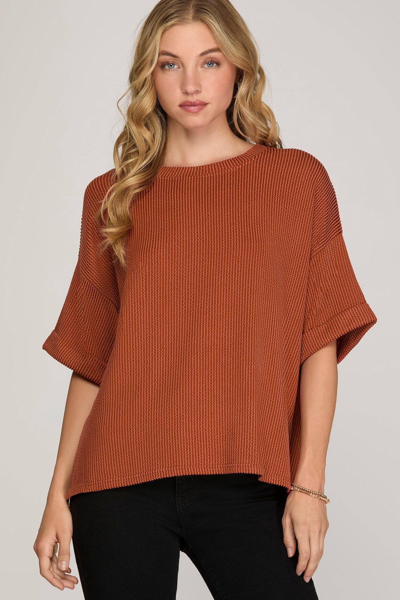 Half Cuffed Sleeve Textured Knit Top-Rust