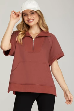 Short Sleeve Half Zip French Terry Top