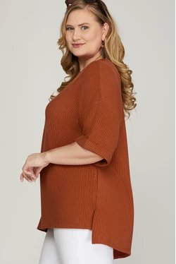 Half Cuffed Sleeve Textured Knit Top-Rust