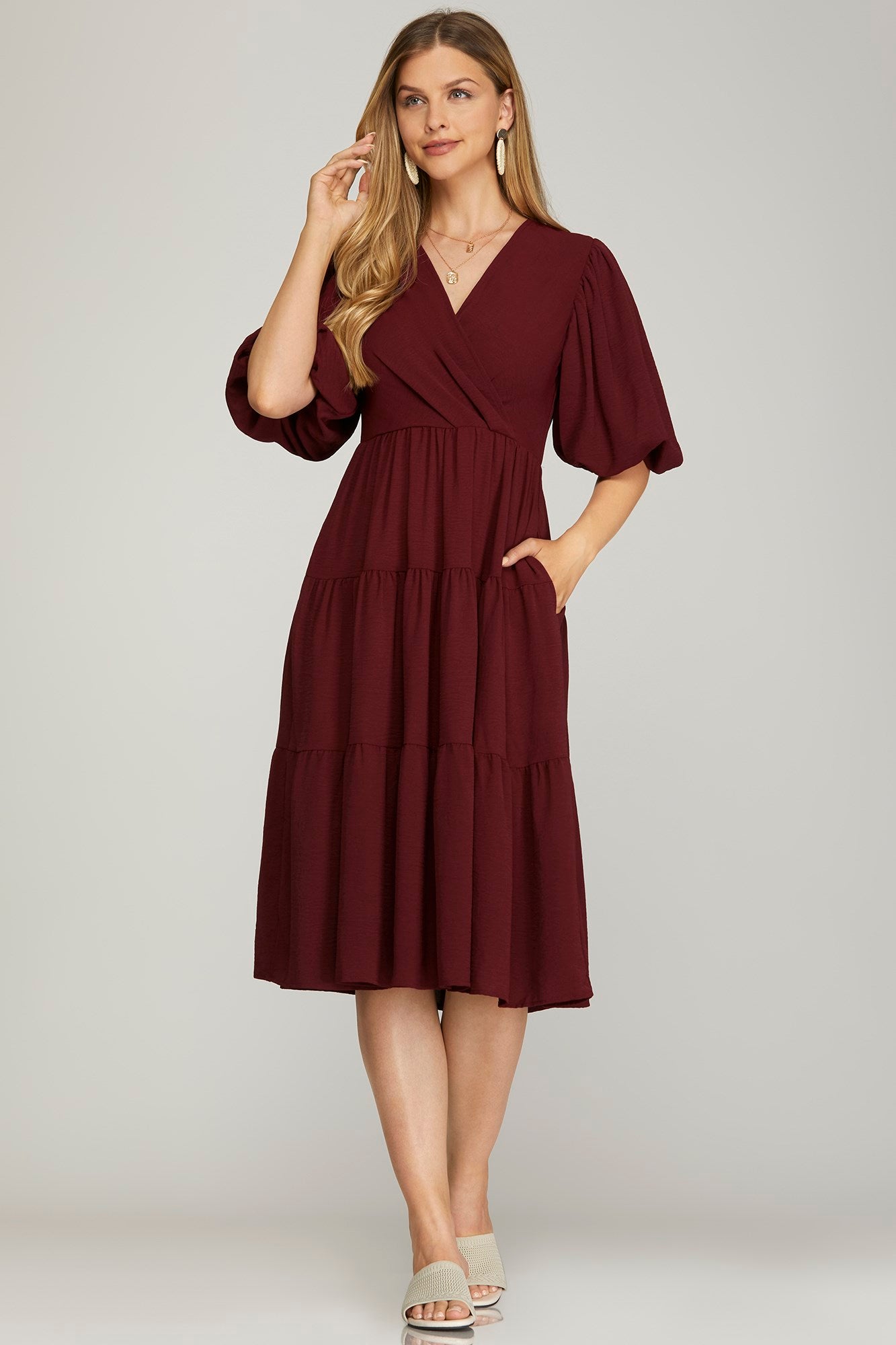 Solid Balloon Sleeve Tiered Wrap Midi Dress