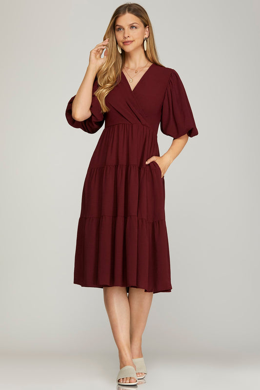 Solid Balloon Sleeve Tiered Wrap Midi Dress